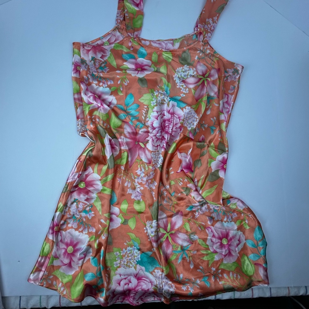Floral Satin Slip Dress in Peach with Pink Blooms - Picture 2 of 6